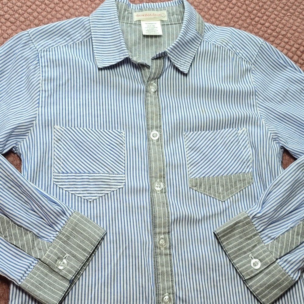 Deux par Deux Blue and White Striped Boys Shirt - Size 6